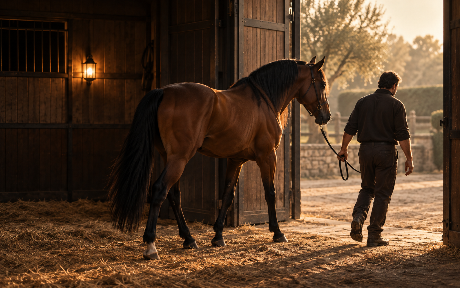 A groom leading a horse out of the stable.
