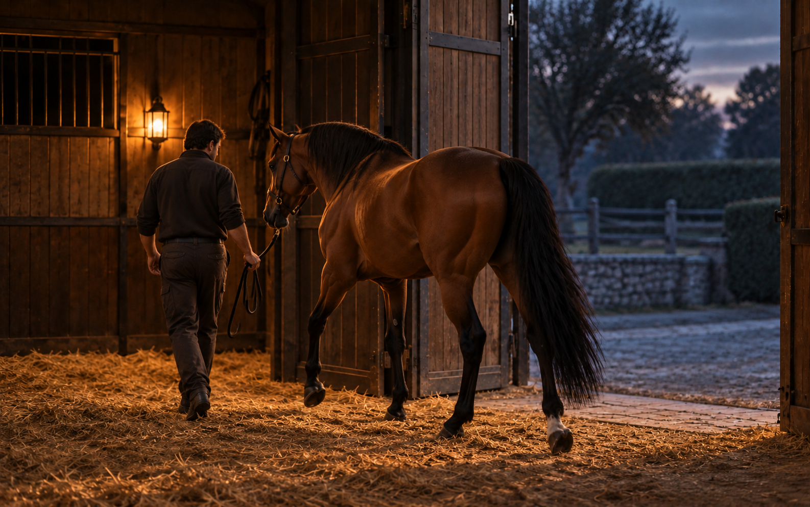 A groom leading a horse back into the stable.