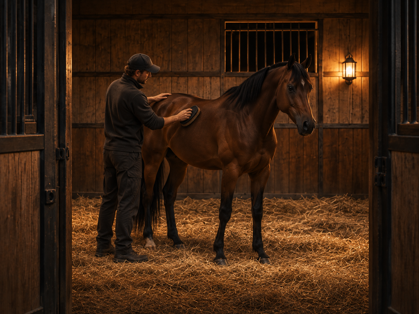 A male groom brushing a bay horse in its stable.