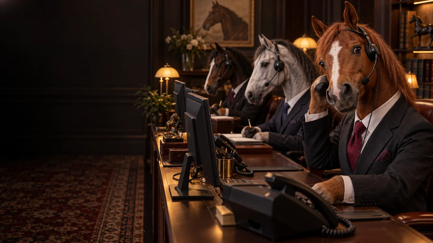Three horses in business suits and headsets answer customer calls at a support desk.