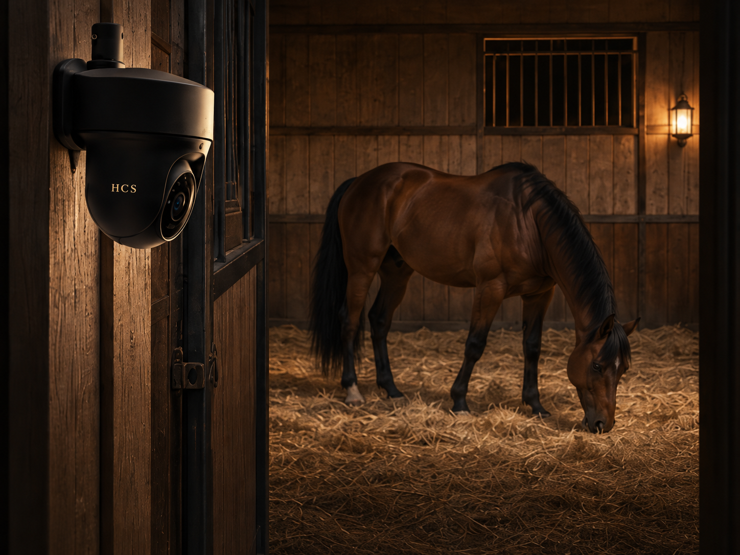 A black HCS concept camera watches a bay horse in a warm stable at night.